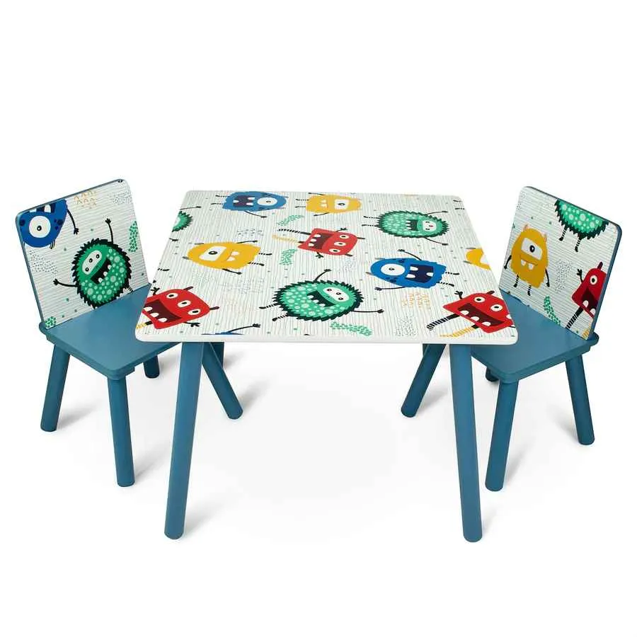 Home Canvas Monster Study Table and Two Chair Set for Childrens | Durable and Lightweight Table and Chair Set in Multicolor