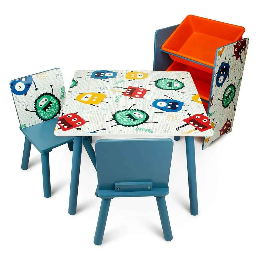 Home Canvas Monster Study Table and Two Chair Set for Childrens | Durable and Lightweight Table and Chair Set in Multicolor
