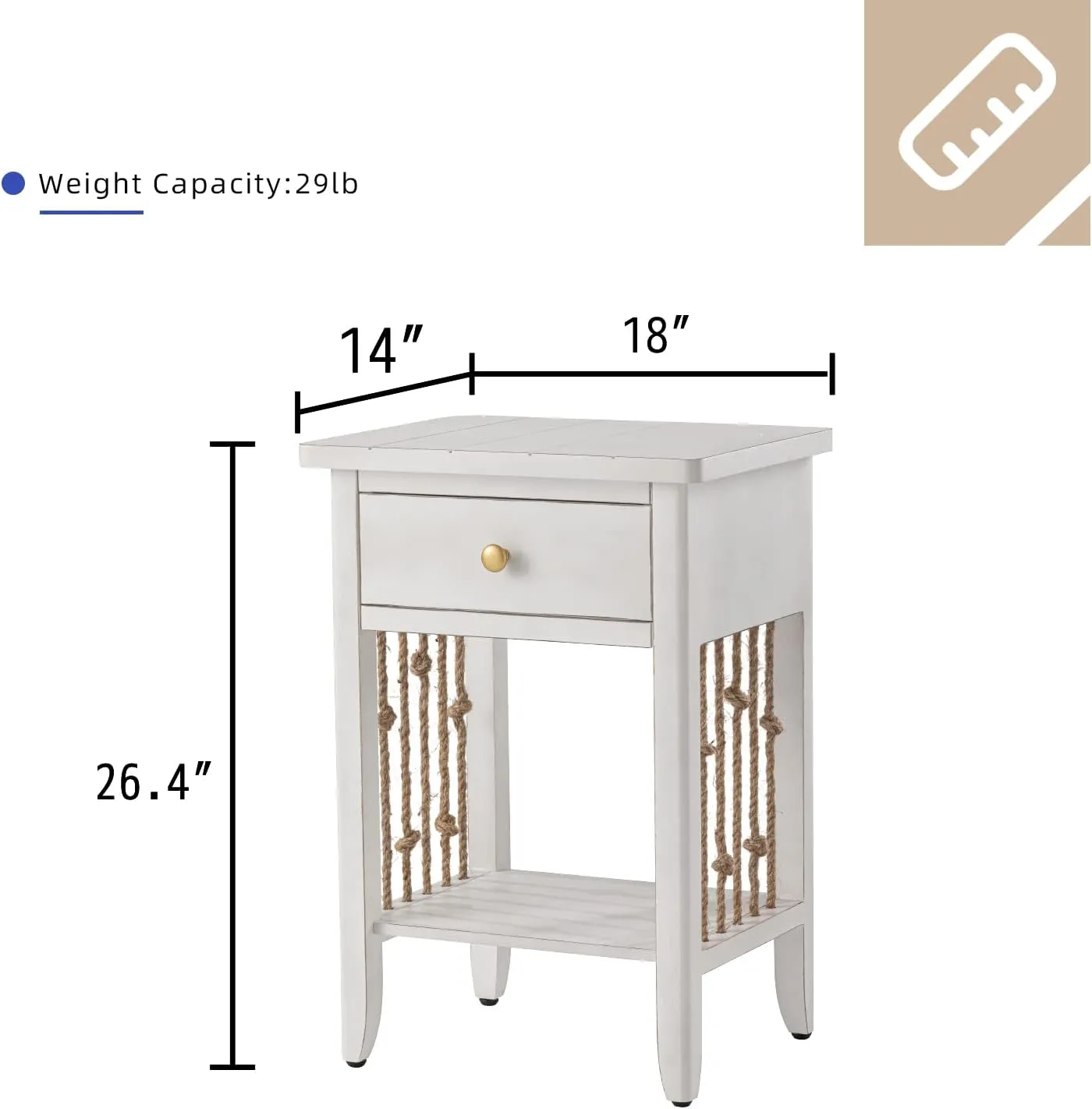 HOMPUS Nightstand with Drawer White Bedside Table with Storage Shelf MDF Board Wooden Small End Table Living Room Vintage Hemp Rope Accent Furniture for Bedroom(White, 1 Drawer&1 Tier Shelf)