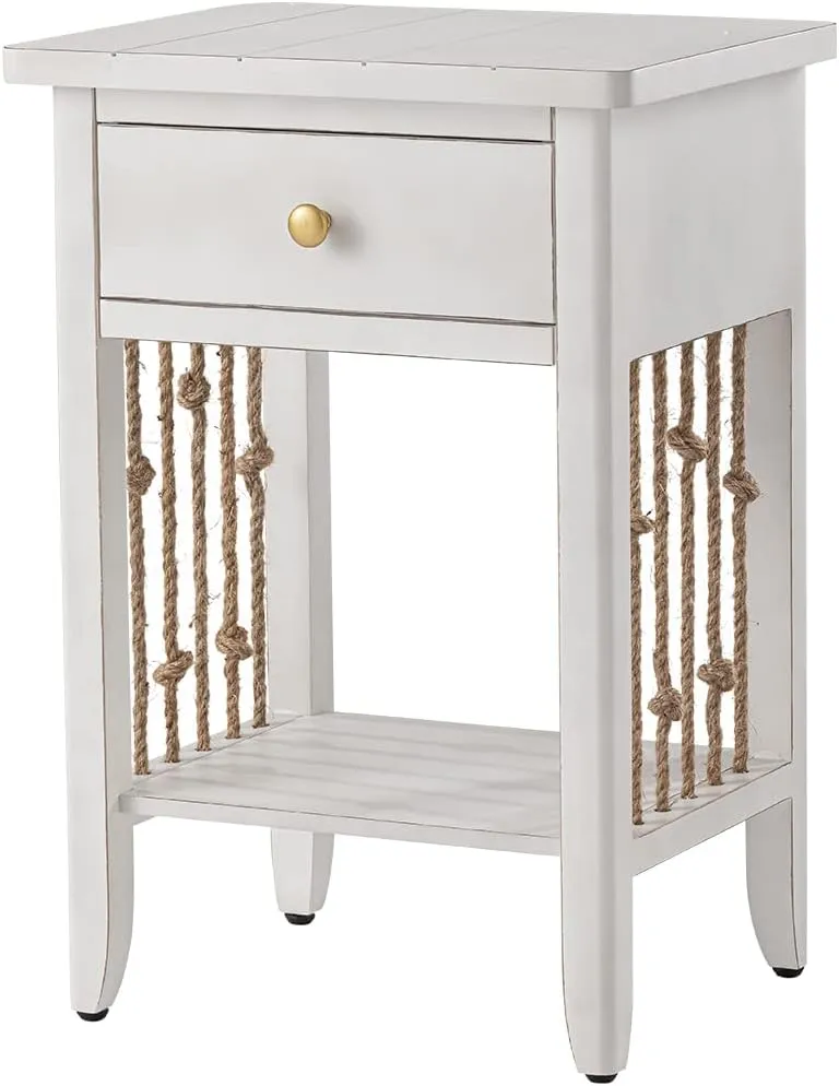 HOMPUS Nightstand with Drawer White Bedside Table with Storage Shelf MDF Board Wooden Small End Table Living Room Vintage Hemp Rope Accent Furniture for Bedroom(White, 1 Drawer&1 Tier Shelf)