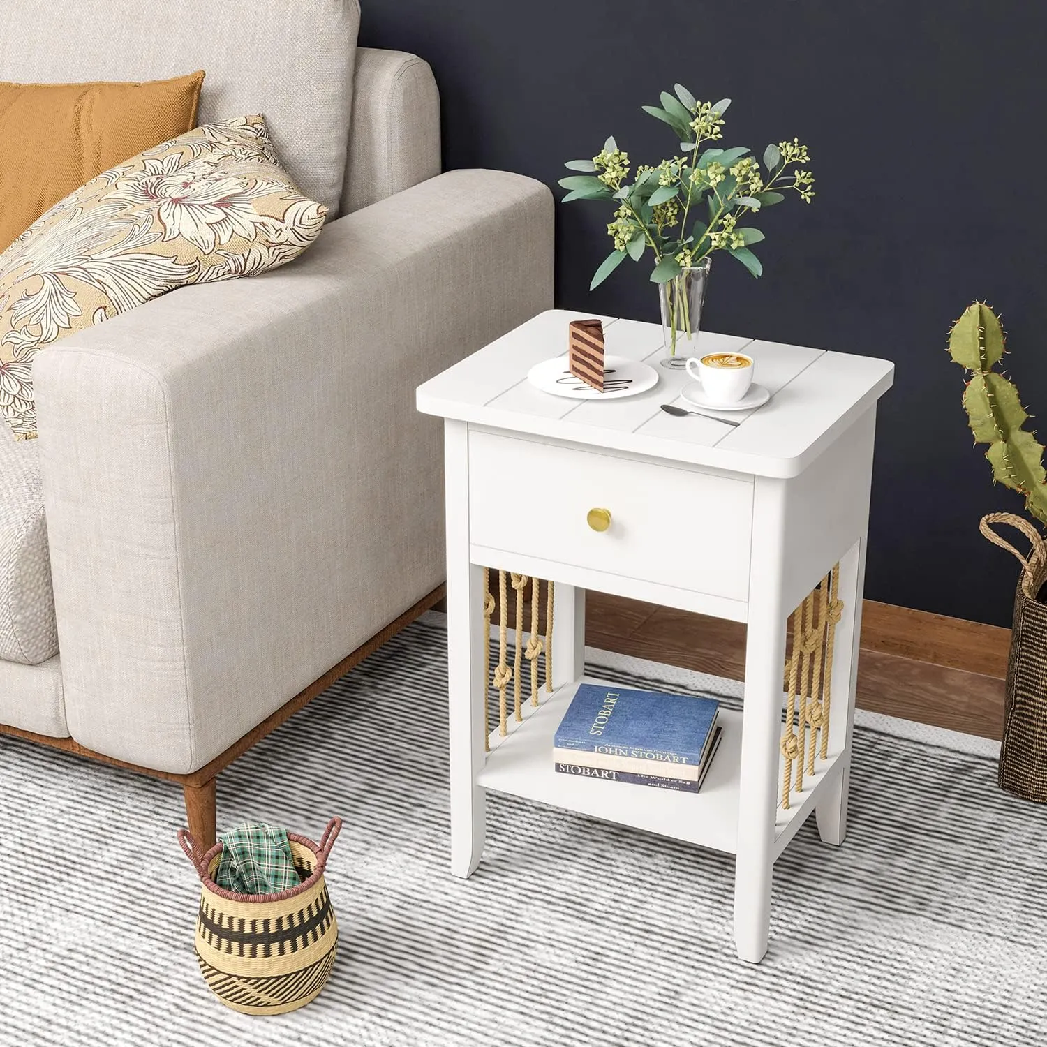 HOMPUS Nightstand with Drawer White Bedside Table with Storage Shelf MDF Board Wooden Small End Table Living Room Vintage Hemp Rope Accent Furniture for Bedroom(White, 1 Drawer&1 Tier Shelf)