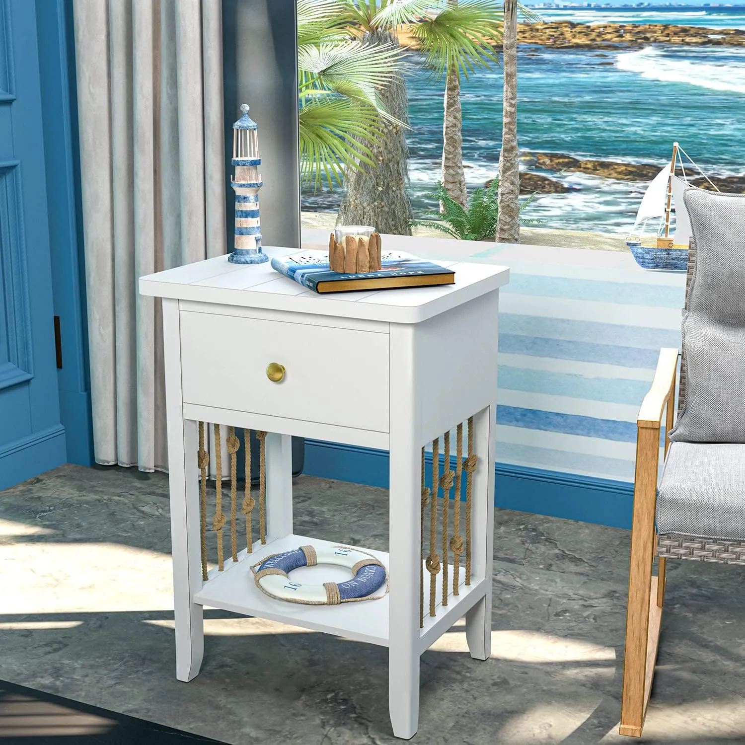 HOMPUS Nightstand with Drawer White Bedside Table with Storage Shelf MDF Board Wooden Small End Table Living Room Vintage Hemp Rope Accent Furniture for Bedroom(White, 1 Drawer&1 Tier Shelf)