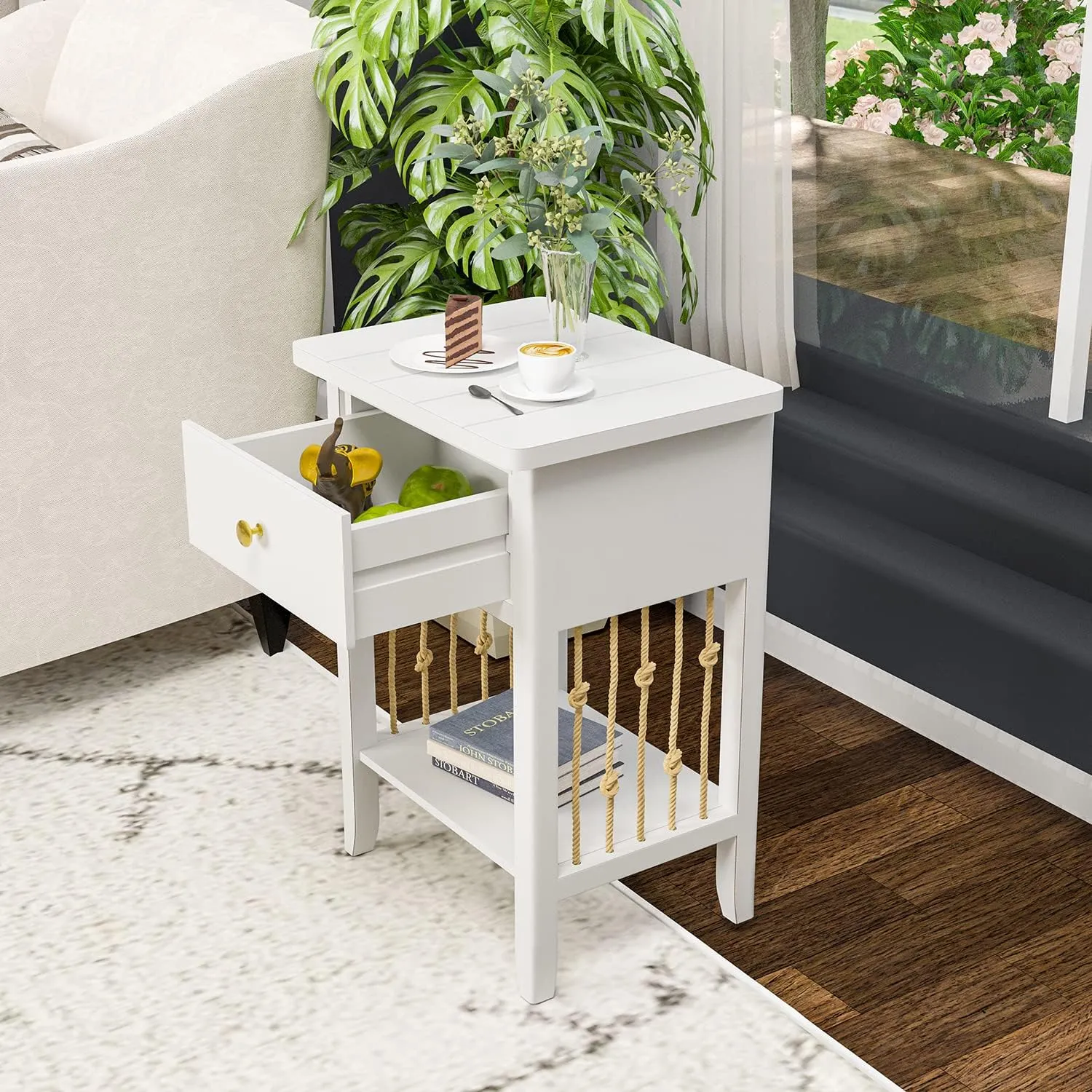 HOMPUS Nightstand with Drawer White Bedside Table with Storage Shelf MDF Board Wooden Small End Table Living Room Vintage Hemp Rope Accent Furniture for Bedroom(White, 1 Drawer&1 Tier Shelf)