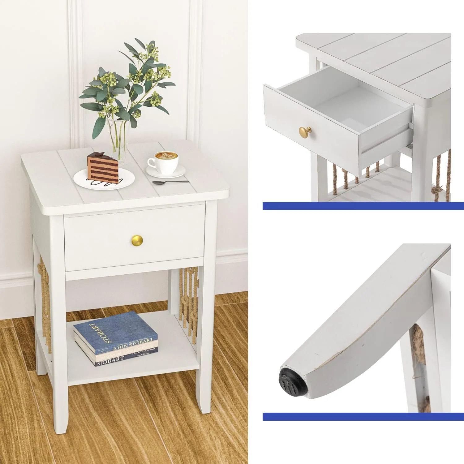 HOMPUS Nightstand with Drawer White Bedside Table with Storage Shelf MDF Board Wooden Small End Table Living Room Vintage Hemp Rope Accent Furniture for Bedroom(White, 1 Drawer&1 Tier Shelf)