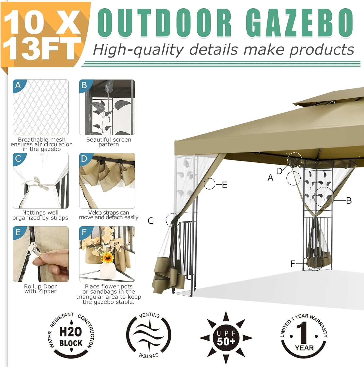 HOTEEL 10x13 Gazebo on Clearance, Outdoor Gazebo Tent with Mosquito Netting and Ventilated Double Flat Roof, All Weather Easy Assembly for Patio, Backyard, Garden (2025 New Model)