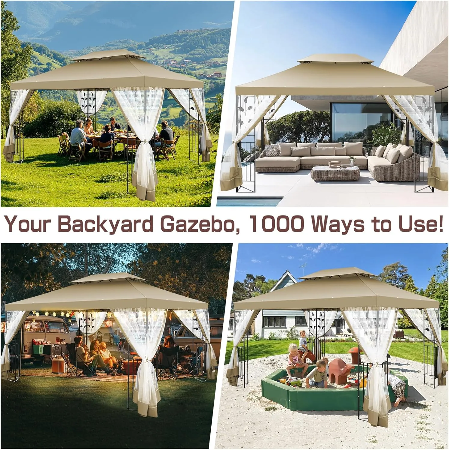 HOTEEL 10x13 Gazebo on Clearance, Outdoor Gazebo Tent with Mosquito Netting and Ventilated Double Flat Roof, All Weather Easy Assembly for Patio, Backyard, Garden (2025 New Model)