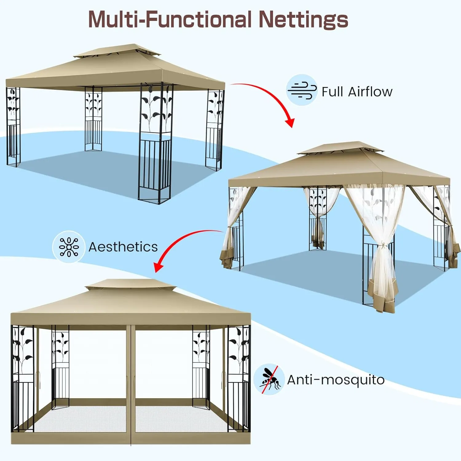 HOTEEL 10x13 Gazebo on Clearance, Outdoor Gazebo Tent with Mosquito Netting and Ventilated Double Flat Roof, All Weather Easy Assembly for Patio, Backyard, Garden (2025 New Model)