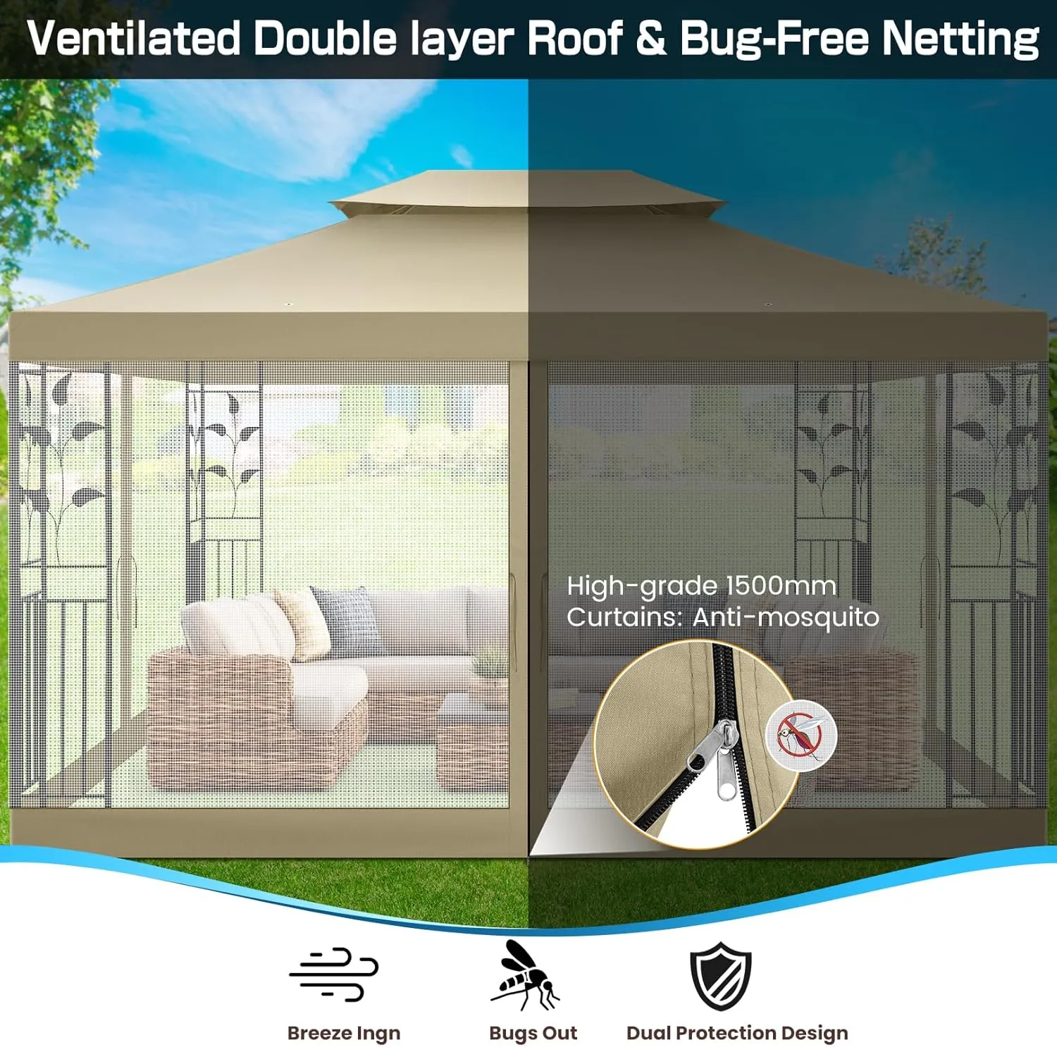 HOTEEL 10x13 Gazebo on Clearance, Outdoor Gazebo Tent with Mosquito Netting and Ventilated Double Flat Roof, All Weather Easy Assembly for Patio, Backyard, Garden (2025 New Model)