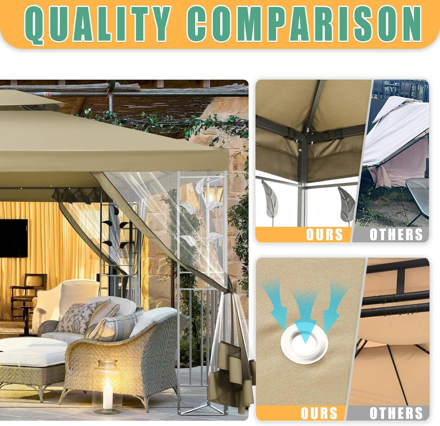 HOTEEL 10x13 Gazebo on Clearance, Outdoor Gazebo Tent with Mosquito Netting and Ventilated Double Flat Roof, All Weather Easy Assembly for Patio, Backyard, Garden (2025 New Model)