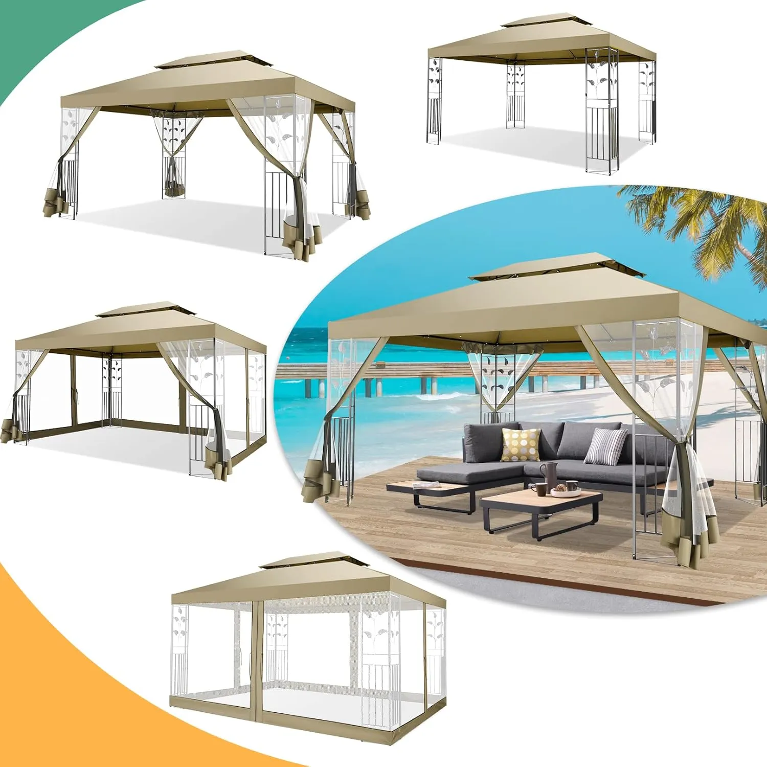 HOTEEL 10x13 Gazebo on Clearance, Outdoor Gazebo Tent with Mosquito Netting and Ventilated Double Flat Roof, All Weather Easy Assembly for Patio, Backyard, Garden (2025 New Model)