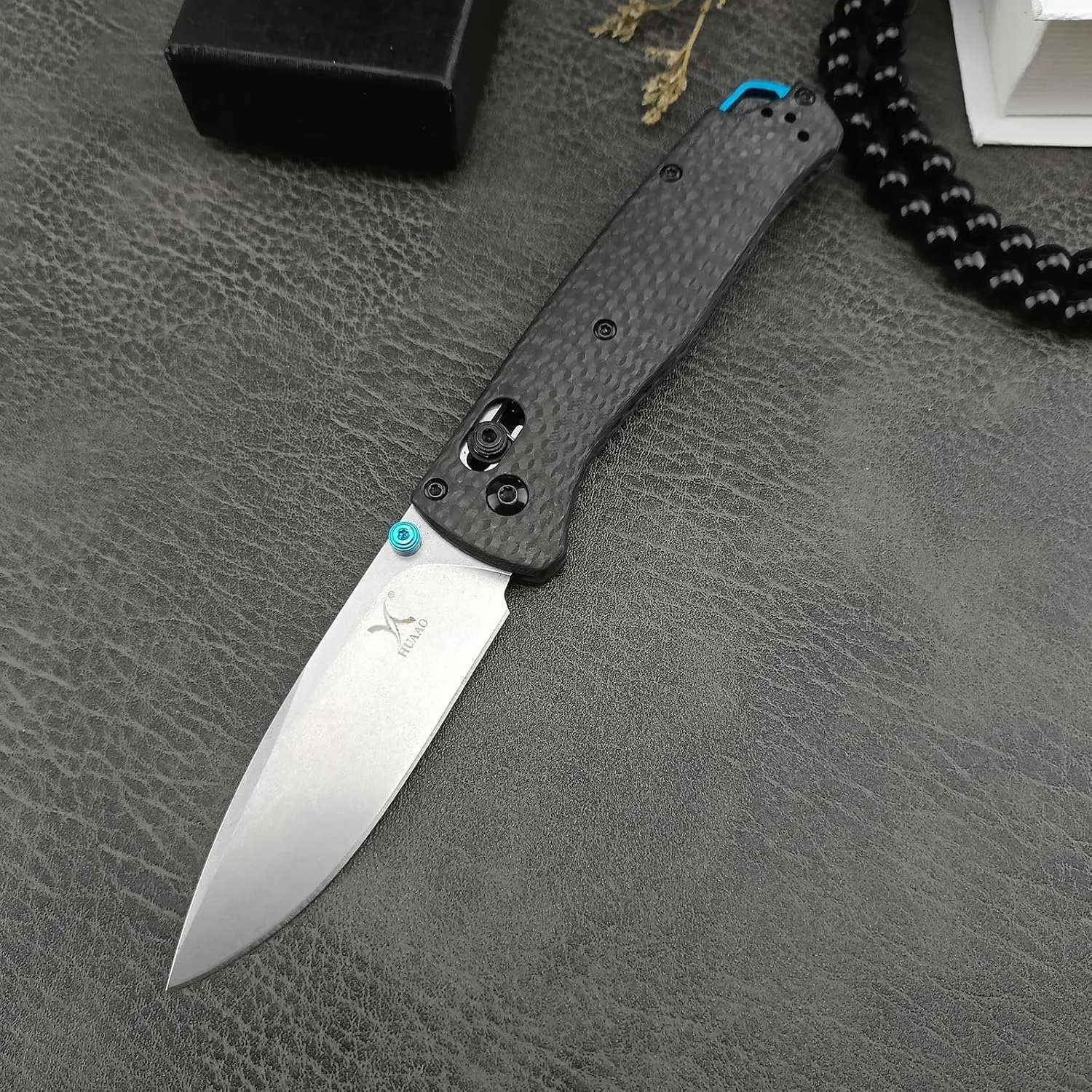 HUAAO EDC Folding Knife, Axis Lock Pocket Knife with D2 Steel Blade Carbon Fiber Handle, Thumb Stud Open Pocket Knife with Reversible PocketClip