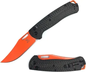 HUAAO Manual Open Folding Knife with 3.43’’ Orange D2 Blade Black Carbon Fiber Handle, EDC Pocket Knife with Clip for Camping Hunting