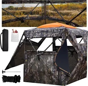 Hunting Blind 300D See Through Ground Blinds, 2/3/4 Person 270 Degree 2 Doors Pop Up Deer Blind Portable Camouflage Hunting Tent, for Turkey & Deer Hunting with Cyclone Tent Stakes and Wind Ropes