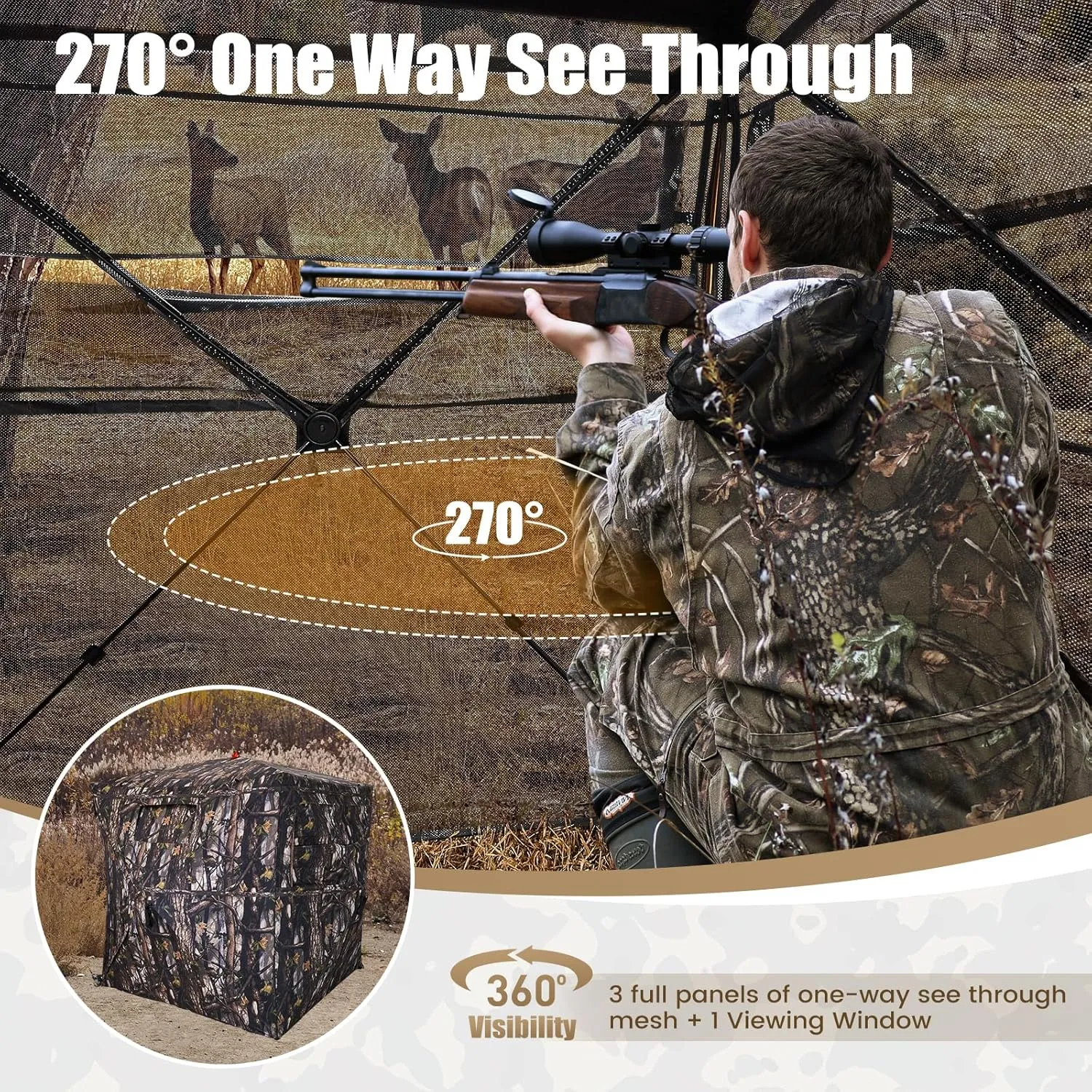 Hunting Blind 300D See Through Ground Blinds, 2/3/4 Person 270 Degree 2 Doors Pop Up Deer Blind Portable Camouflage Hunting Tent, for Turkey & Deer Hunting with Cyclone Tent Stakes and Wind Ropes
