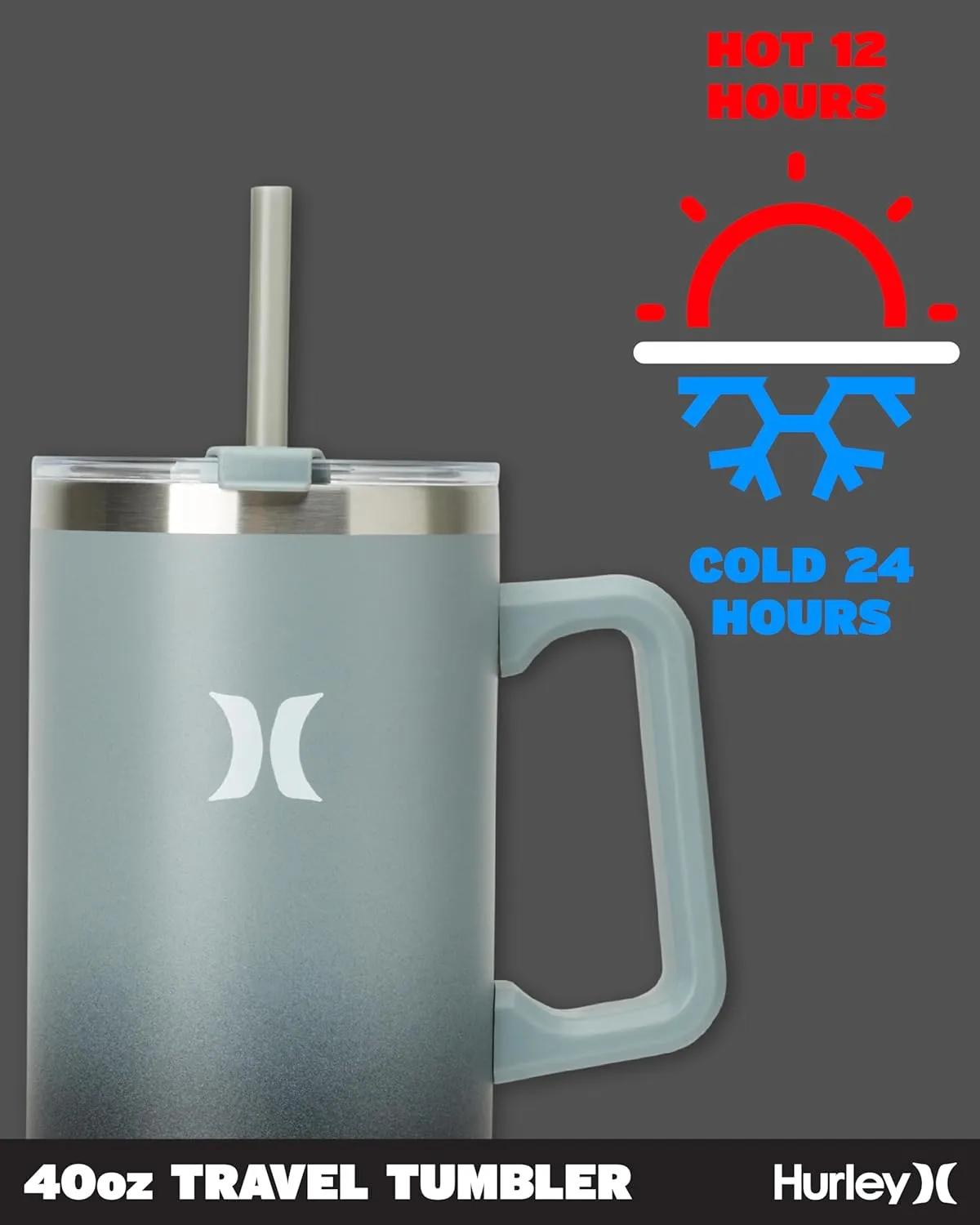 Hurley Tumbler Thermos - 40oz Double Wall Vacuum Insulated Travel Mug with Handle - BPA Free Stainless Steel Water Bottle - Leak Proof Hot and Cold Coffee Car Cup, Size 40 Ounces, Gradient Black/Grey