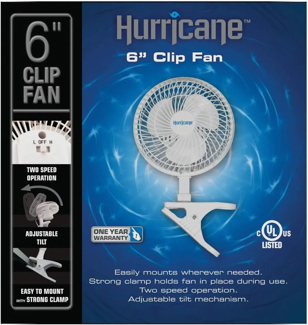 Hurricane Classic 6 Inch Clip Fan, 2 Speed Portable Desk Table Fan with Tilt, White