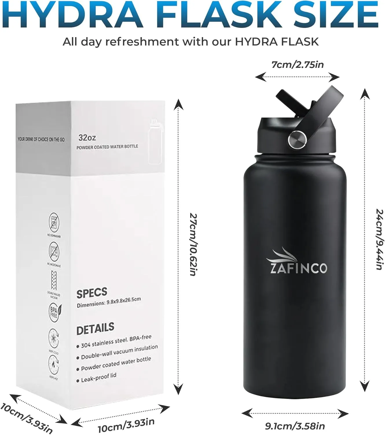 HYDRA FLASK Double Walled Insulated Water Bottle with Straw - 32 oz BPA Free Stainless Steel Water Bottle with Leak Proof Lid for Gym, Sports, Travel, & School, Keep Cold for 24H & Hot for 12H