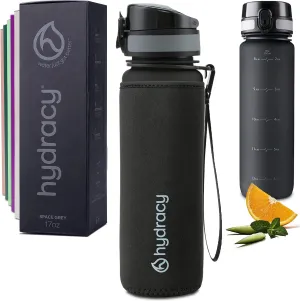 Hydracy Water Bottle with Time Marker -Large BPA Free Water Bottle & No Sweat Sleeve -Leak Proof Gym Bottle with Fruit Infuser Strainer & Times to Drink -Ideal for Fitness Sports & Outdoors