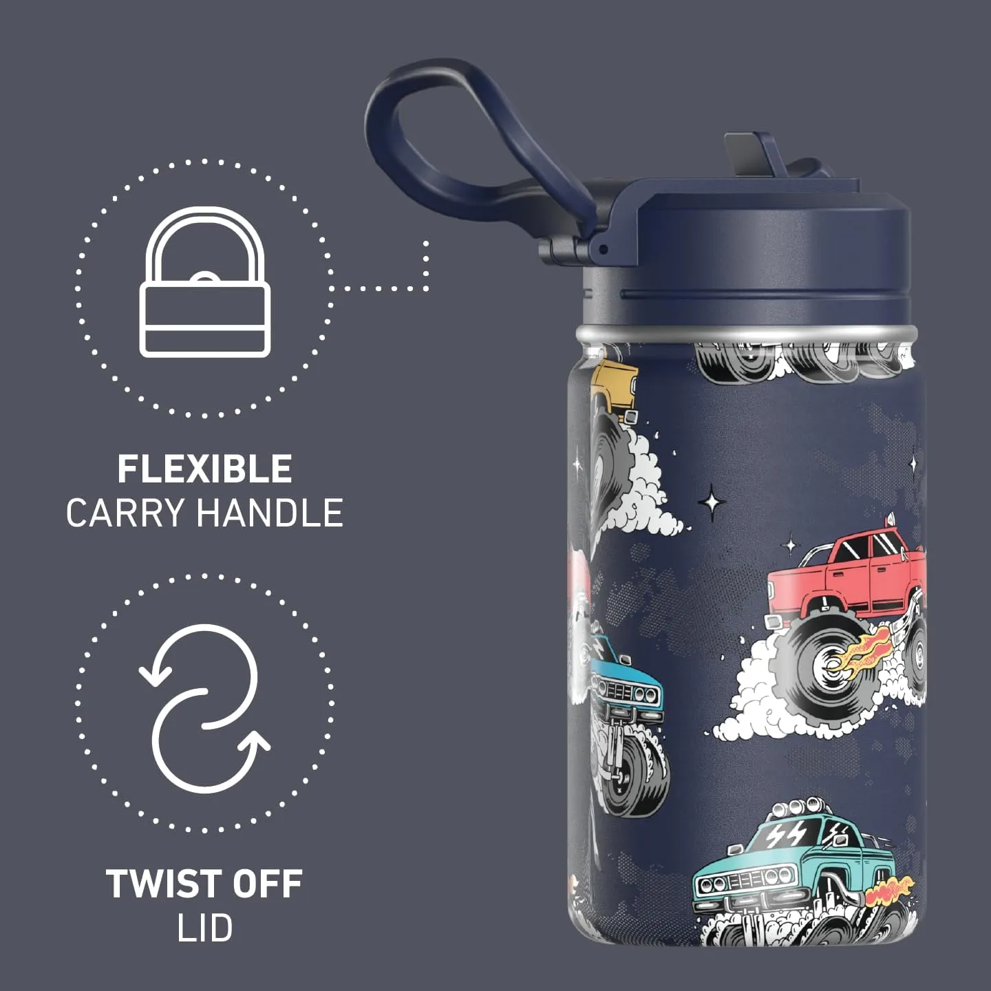 Hydrapeak Mini 14oz Fun Sticker Print Water Bottle with Straw Lid, Stainless Steel Double Wall Insulated Water Bottle, Leak-Proof and Spill-Proof Water Bottle, Monster Truck-Navy