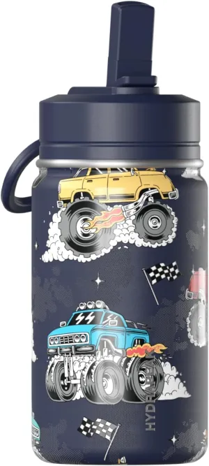 Hydrapeak Mini 14oz Fun Sticker Print Water Bottle with Straw Lid, Stainless Steel Double Wall Insulated Water Bottle, Leak-Proof and Spill-Proof Water Bottle, Monster Truck-Navy