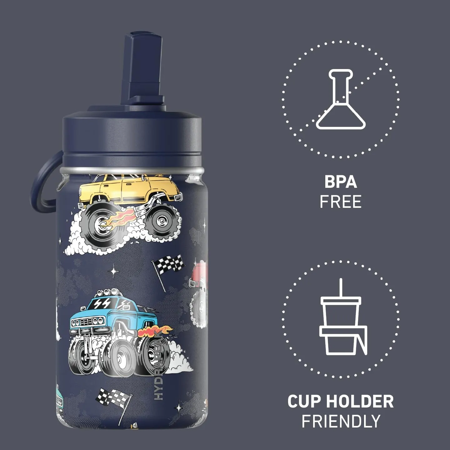 Hydrapeak Mini 14oz Fun Sticker Print Water Bottle with Straw Lid, Stainless Steel Double Wall Insulated Water Bottle, Leak-Proof and Spill-Proof Water Bottle, Monster Truck-Navy