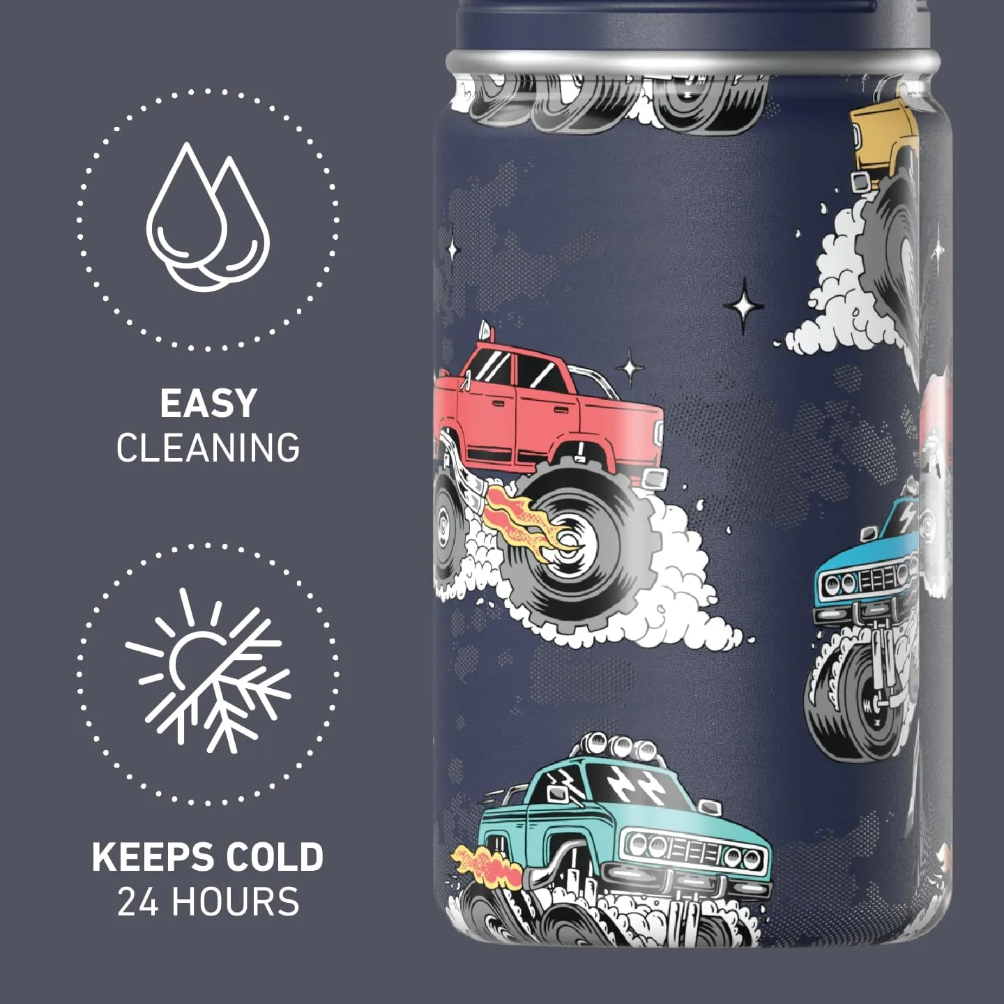 Hydrapeak Mini 14oz Fun Sticker Print Water Bottle with Straw Lid, Stainless Steel Double Wall Insulated Water Bottle, Leak-Proof and Spill-Proof Water Bottle, Monster Truck-Navy