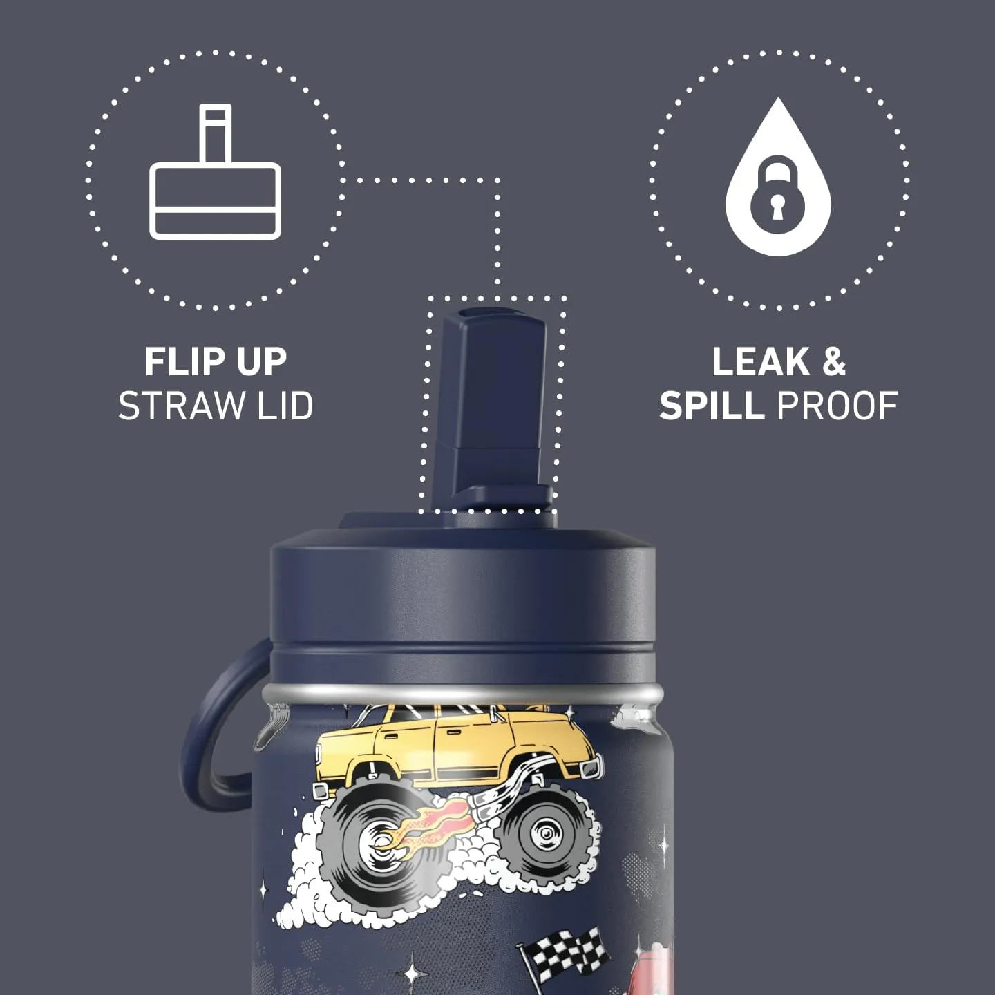 Hydrapeak Mini 14oz Fun Sticker Print Water Bottle with Straw Lid, Stainless Steel Double Wall Insulated Water Bottle, Leak-Proof and Spill-Proof Water Bottle, Monster Truck-Navy