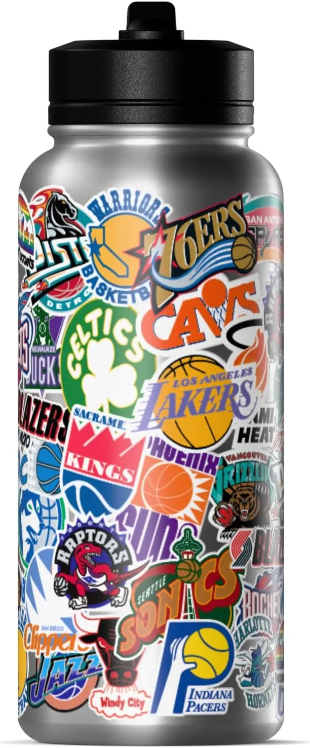 Hydrapeak x NBA Officially Licensed All Team Hardwood Classics Sticker Print 32 oz Insulated Water Bottle with Straw Lid and Handle (Hardwood Classics)