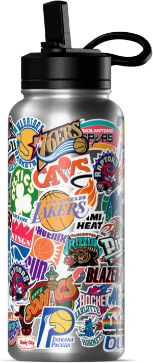 Hydrapeak x NBA Officially Licensed All Team Hardwood Classics Sticker Print 32 oz Insulated Water Bottle with Straw Lid and Handle (Hardwood Classics)