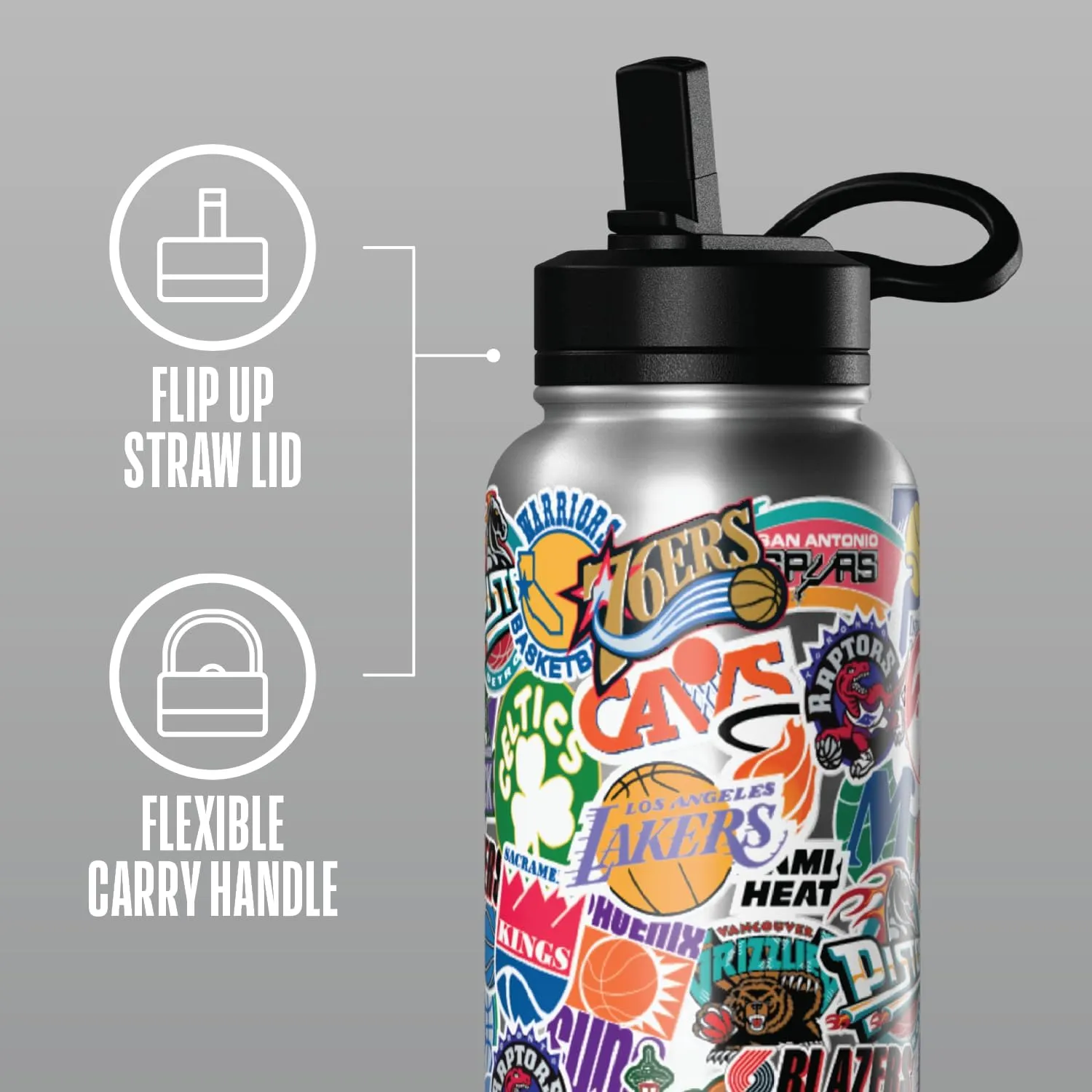Hydrapeak x NBA Officially Licensed All Team Hardwood Classics Sticker Print 32 oz Insulated Water Bottle with Straw Lid and Handle (Hardwood Classics)
