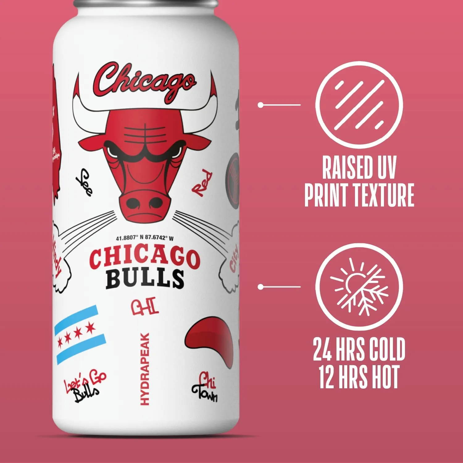 Hydrapeak x NBA Officially Licensed Chicago Bulls 32oz Active Water Bottle Chug Lid Stainless Steel Reusable Double Wall Celebrating The City Of Chicago