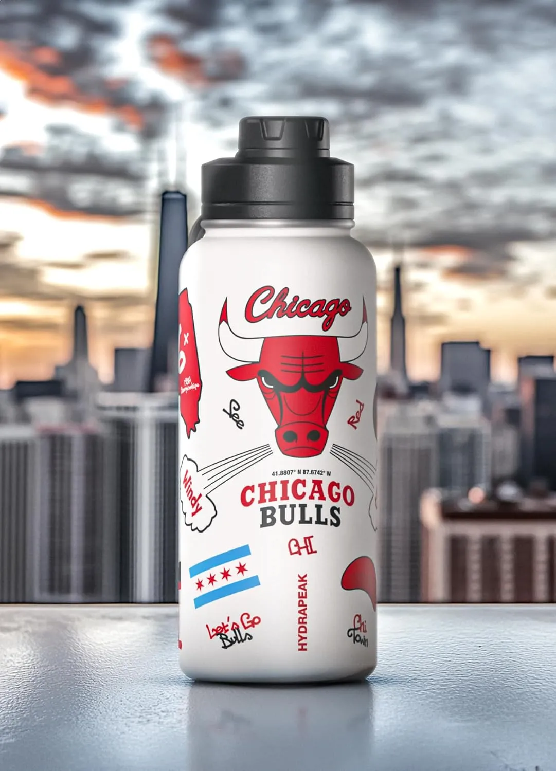Hydrapeak x NBA Officially Licensed Chicago Bulls 32oz Active Water Bottle Chug Lid Stainless Steel Reusable Double Wall Celebrating The City Of Chicago