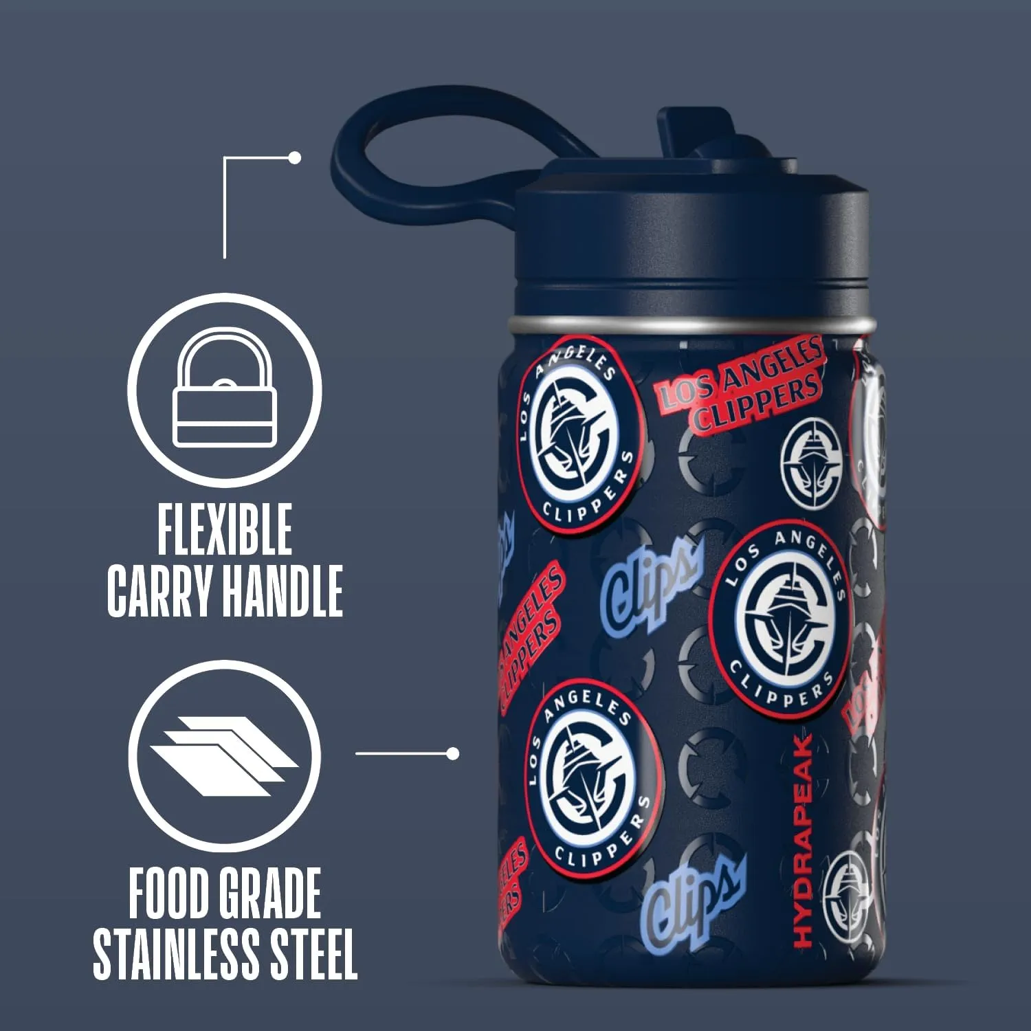 Hydrapeak x NBA Officially Licensed Los Angeles Clippers 14oz Mini Kids Water Bottle with Straw Lid and Handle Reusable Stainless Steel Double Wall Insulated Spill Proof Sports Gift for Boys Girls