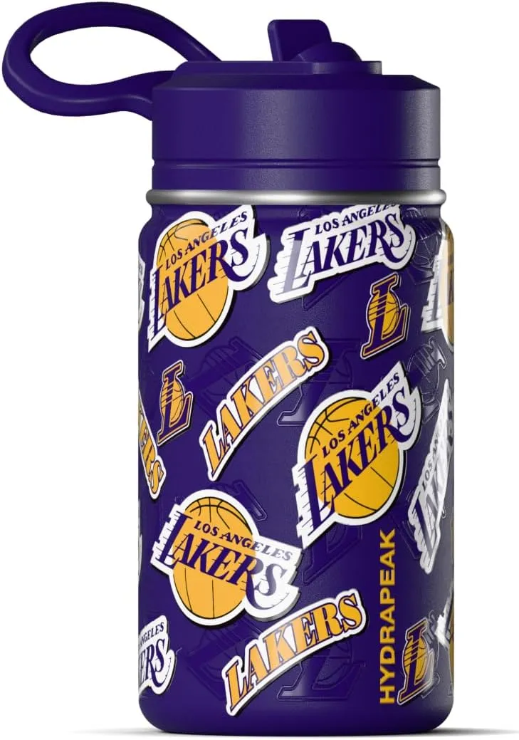 Hydrapeak x NBA Officially Licensed Los Angeles Lakers 14oz Mini Kids Water Bottle with Straw Lid and Handle Reusable Stainless Steel Double Wall Insulated Spill Proof Sports Gift for Boys Girls