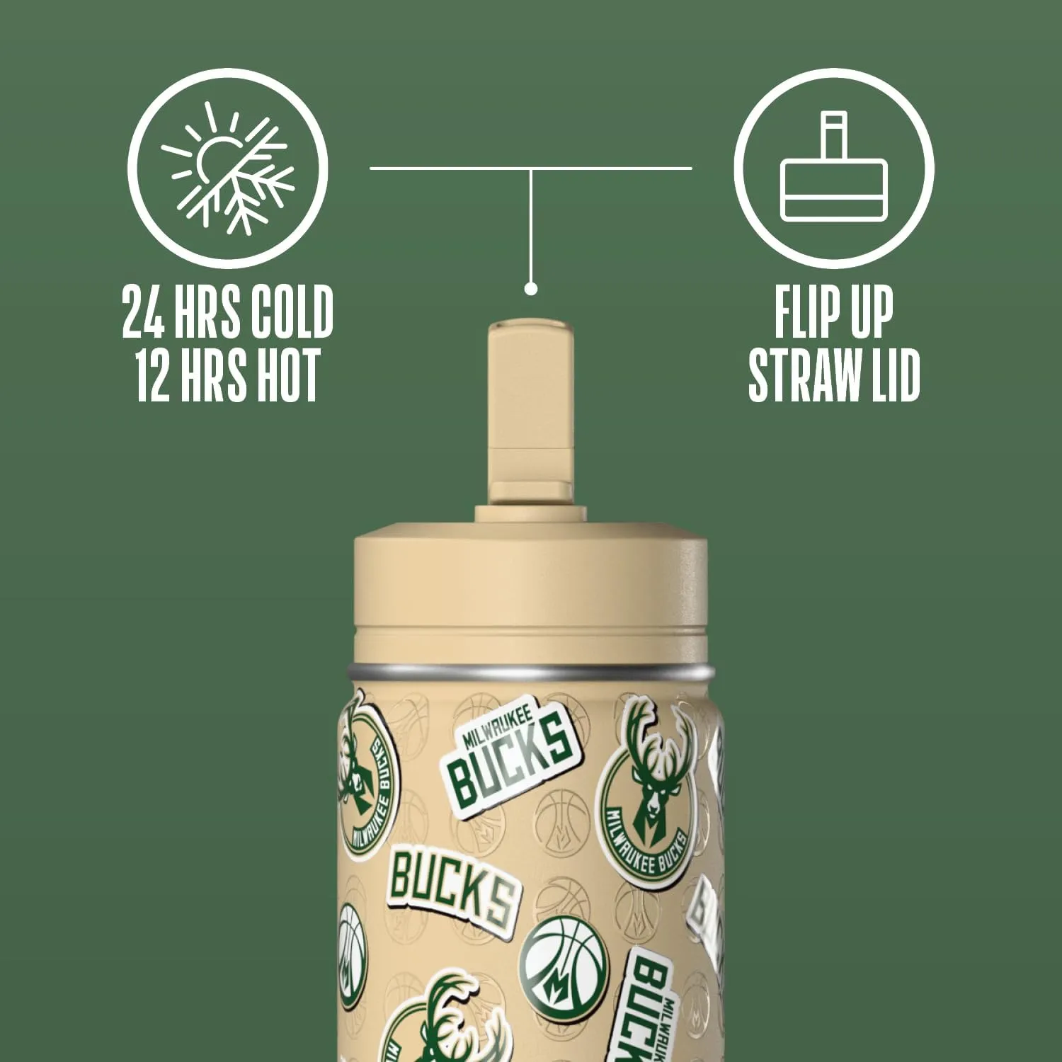 Hydrapeak x NBA Officially Licensed Milwaukee Bucks 14oz Mini Kids Water Bottle with Straw Lid and Handle Reusable Stainless Steel Double Wall Insulated Spill Proof Sports Gift for Boys Girls