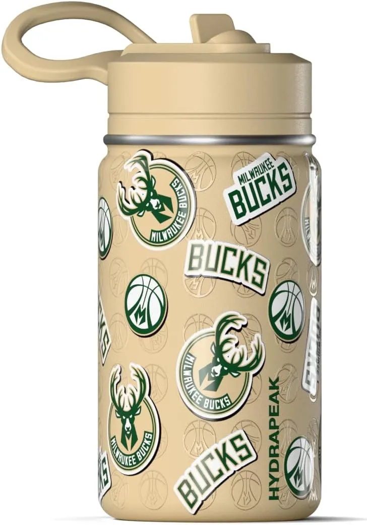 Hydrapeak x NBA Officially Licensed Milwaukee Bucks 14oz Mini Kids Water Bottle with Straw Lid and Handle Reusable Stainless Steel Double Wall Insulated Spill Proof Sports Gift for Boys Girls