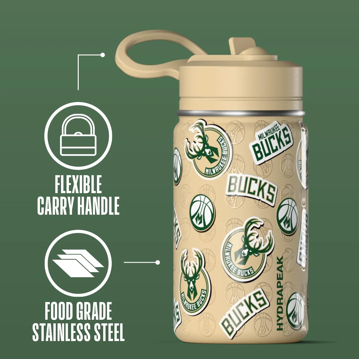 Hydrapeak x NBA Officially Licensed Milwaukee Bucks 14oz Mini Kids Water Bottle with Straw Lid and Handle Reusable Stainless Steel Double Wall Insulated Spill Proof Sports Gift for Boys Girls