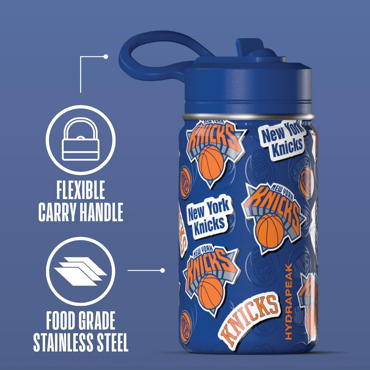 Hydrapeak x NBA Officially Licensed New York Knicks 14oz Mini Kids Water Bottle with Straw Lid and Handle Reusable Stainless Steel Double Wall Insulated Spill Proof Sports Gift for Boys Girls