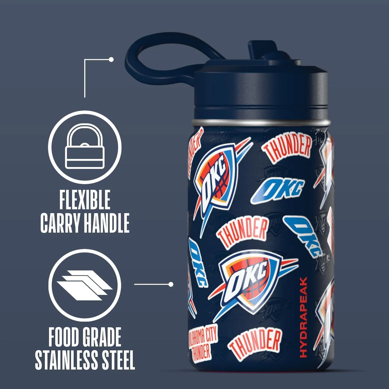 Hydrapeak x NBA Officially Licensed Oklahoma City Thunder 14oz Mini Kids Water Bottle with Straw Lid and Handle Reusable Stainless Steel Double Wall Insulated Spill Proof Sports Gift for Boys Girls