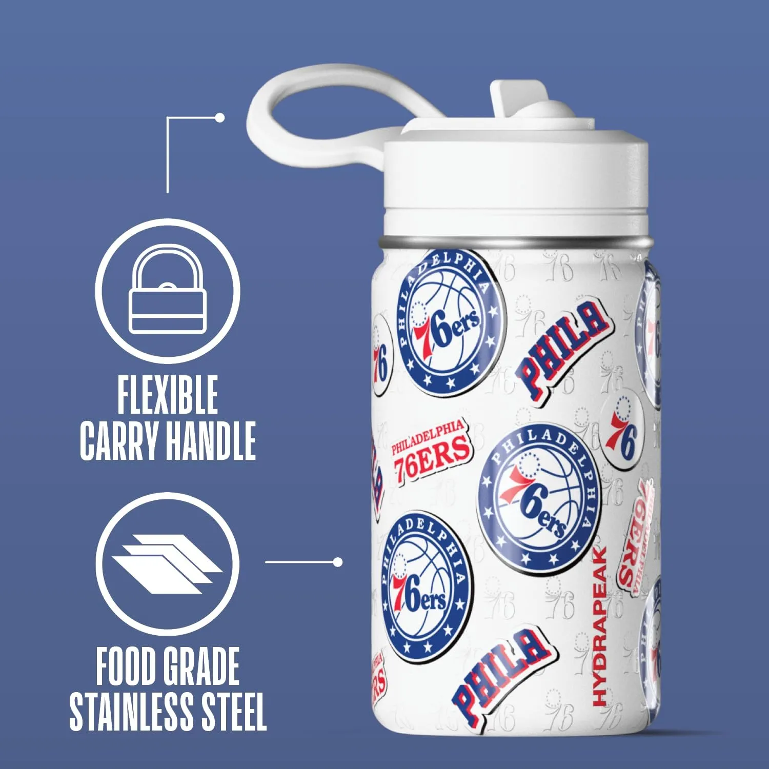 Hydrapeak x NBA Officially Licensed Philadelphia 76ers 14oz Mini Kids Water Bottle with Straw Lid and Handle Reusable Stainless Steel Double Wall Insulated Spill Proof Sports Gift for Boys Girls