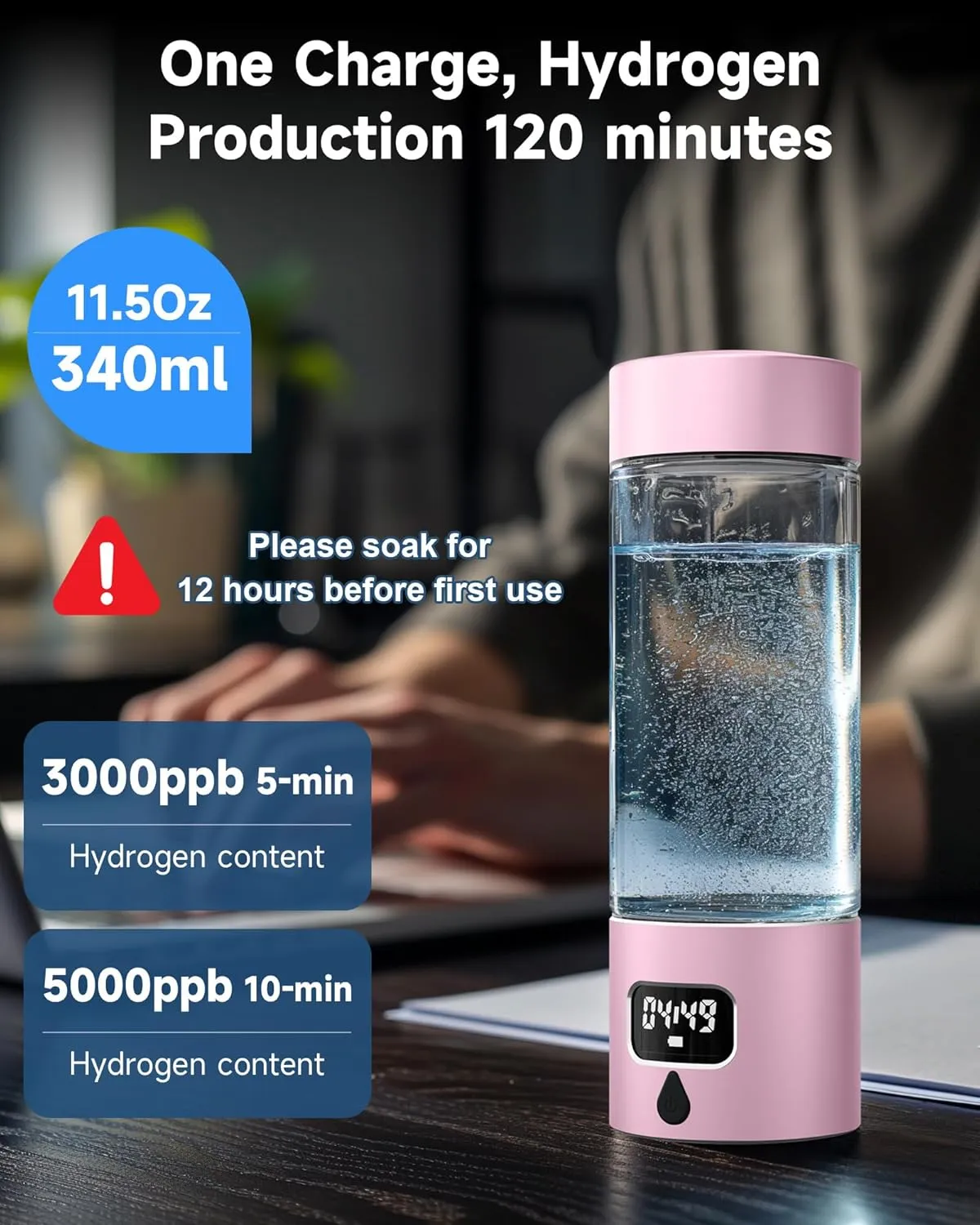 Hydrogen Water Bottle - Portable, Rechargeable, LED Timer, Aluminum and Glass, 5000 PPB Hydrogen in 10 Minutes, 340ml Capacity, for Wife, Mother, Daughter, Girlfriend, for Travel, Sports, Home(Pink)