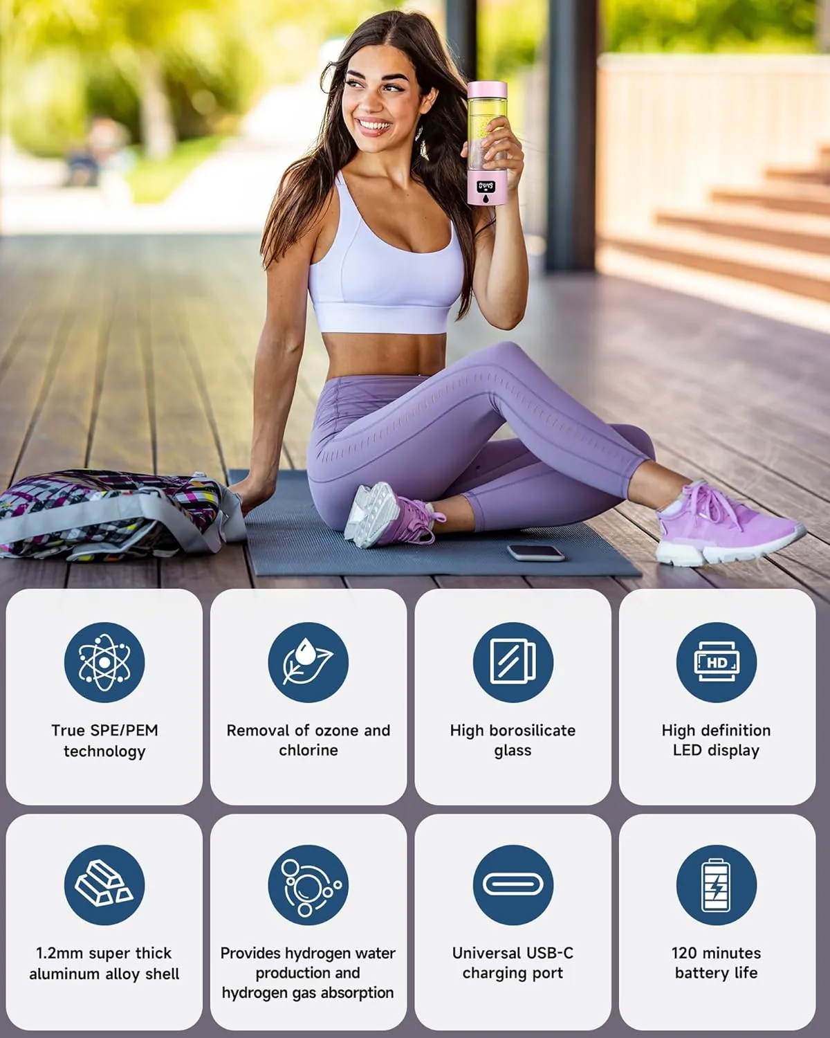 Hydrogen Water Bottle - Portable, Rechargeable, LED Timer, Aluminum and Glass, 5000 PPB Hydrogen in 10 Minutes, 340ml Capacity, for Wife, Mother, Daughter, Girlfriend, for Travel, Sports, Home(Pink)