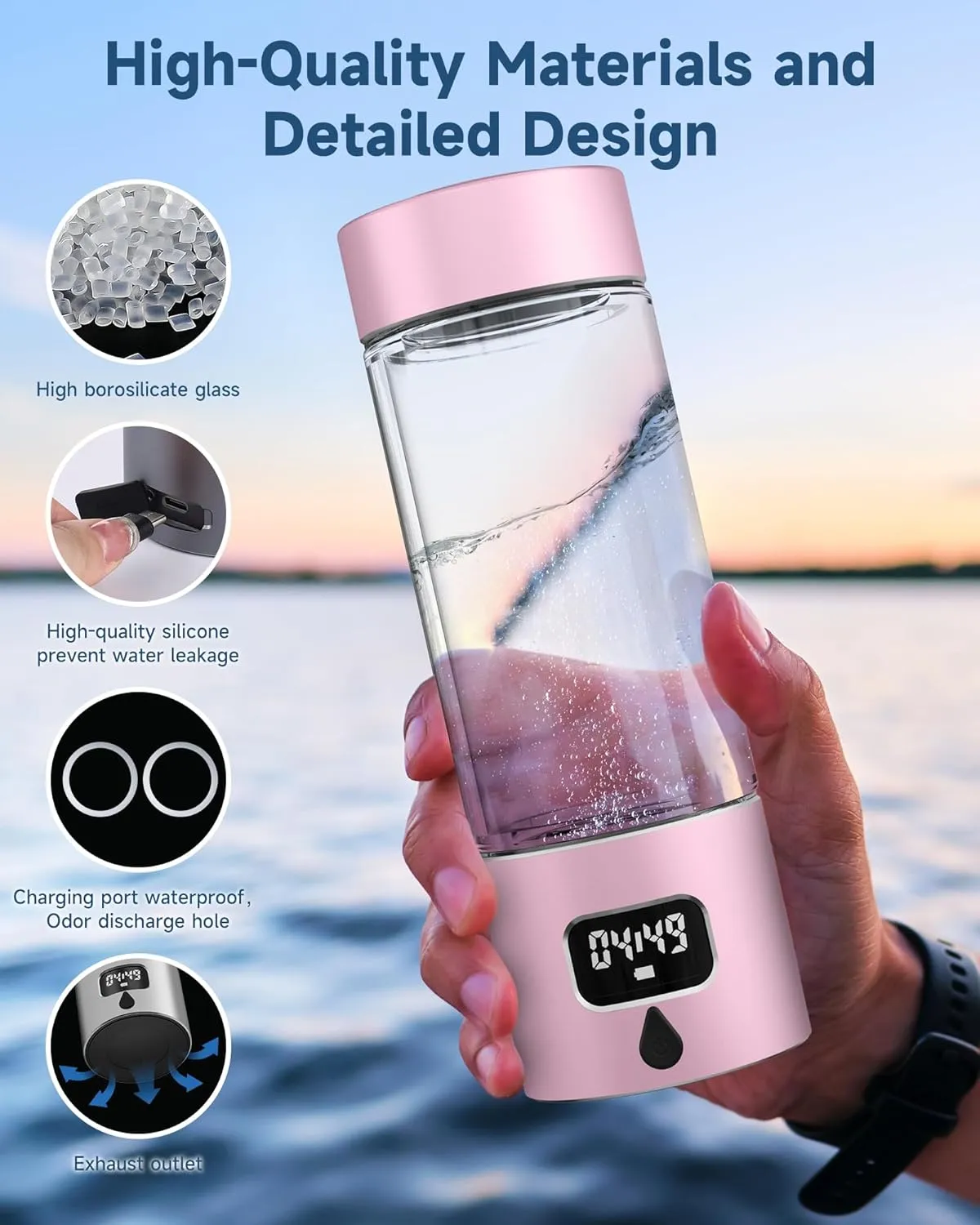 Hydrogen Water Bottle - Portable, Rechargeable, LED Timer, Aluminum and Glass, 5000 PPB Hydrogen in 10 Minutes, 340ml Capacity, for Wife, Mother, Daughter, Girlfriend, for Travel, Sports, Home(Pink)