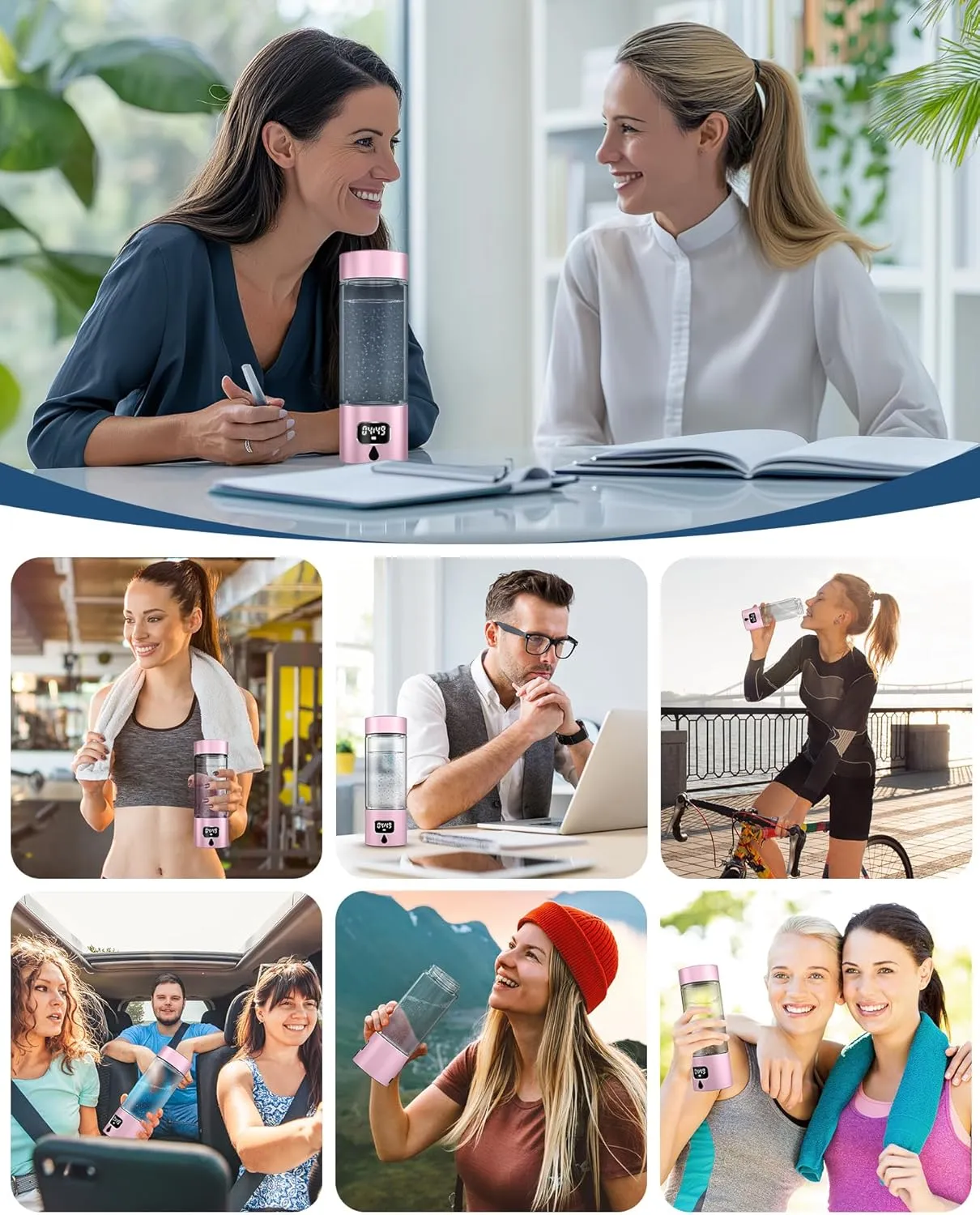 Hydrogen Water Bottle - Portable, Rechargeable, LED Timer, Aluminum and Glass, 5000 PPB Hydrogen in 10 Minutes, 340ml Capacity, for Wife, Mother, Daughter, Girlfriend, for Travel, Sports, Home(Pink)