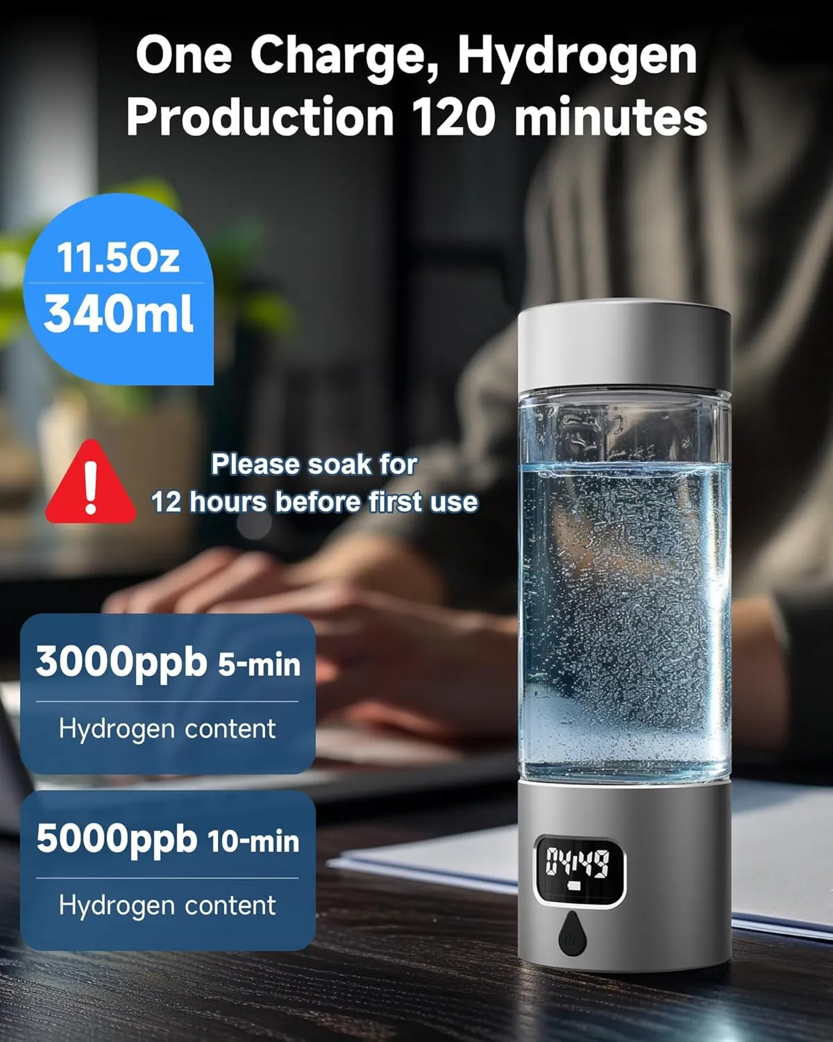 Hydrogen Water Bottle - Portable, Rechargeable, LED Timer, Aluminum and Glass, 5000 PPB Hydrogen in 10 Minutes, for Husband, Father, Friend & Family, for Sports, Home, Office