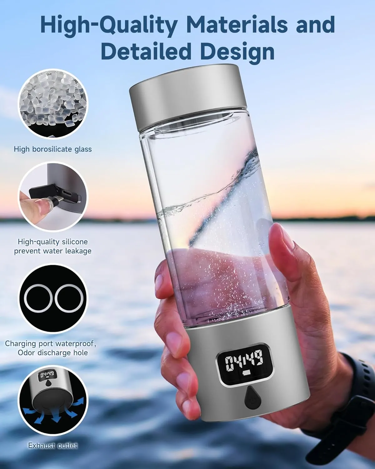 Hydrogen Water Bottle - Portable, Rechargeable, LED Timer, Aluminum and Glass, 5000 PPB Hydrogen in 10 Minutes, for Husband, Father, Friend & Family, for Sports, Home, Office