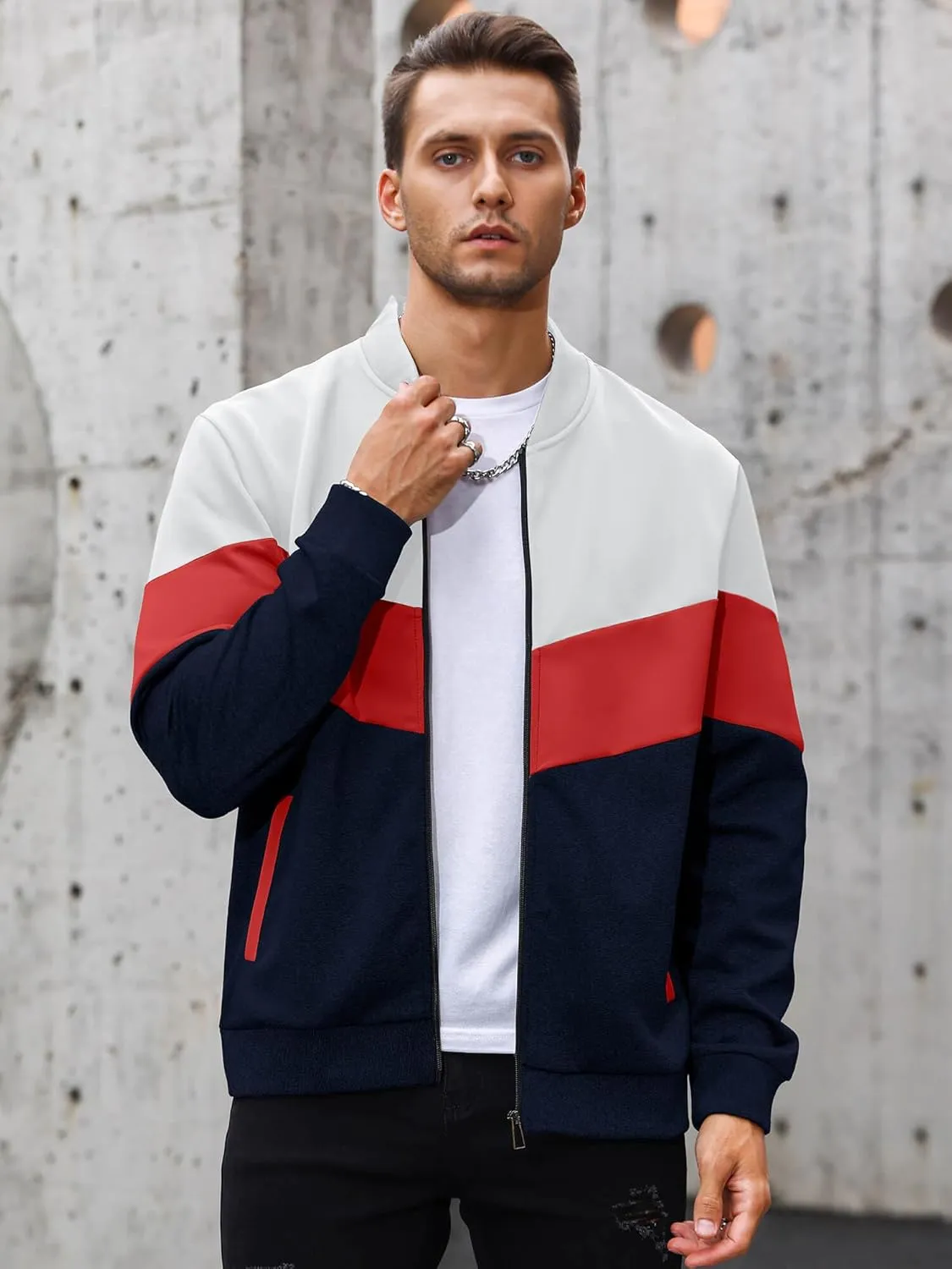 HYPESTFIT Mens Lightweight Jacket Casual Bomber Jacket Color Block Varsity Coat