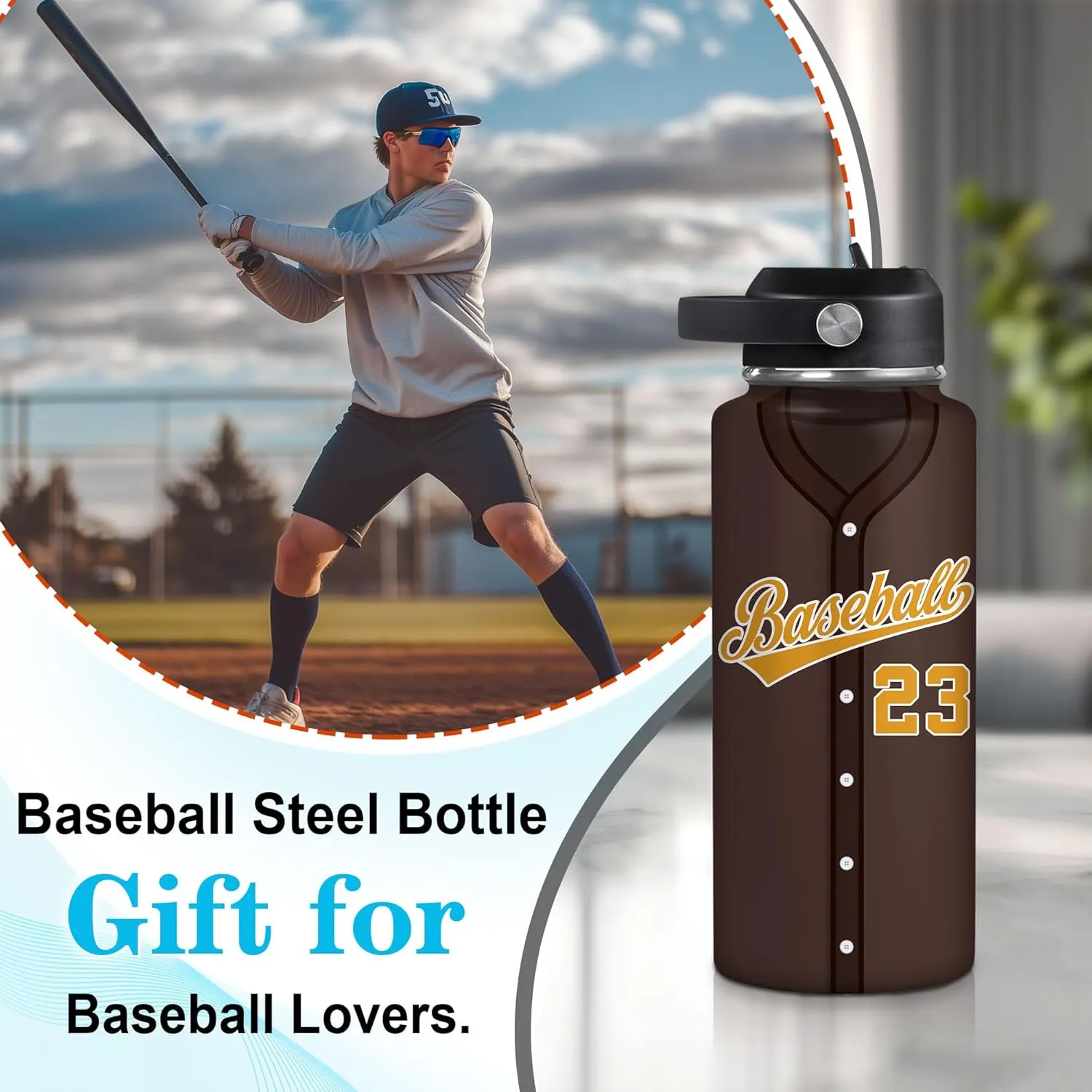 Hyturtle Personalized Baseball Water Bottle - Travel Insulated Stainless Steel Bottle with Leak-Proof Lid 18oz 32oz - Gift for Men, Boys, Baseball Lovers, Players, Coaches - Birthday & Christmas Gift