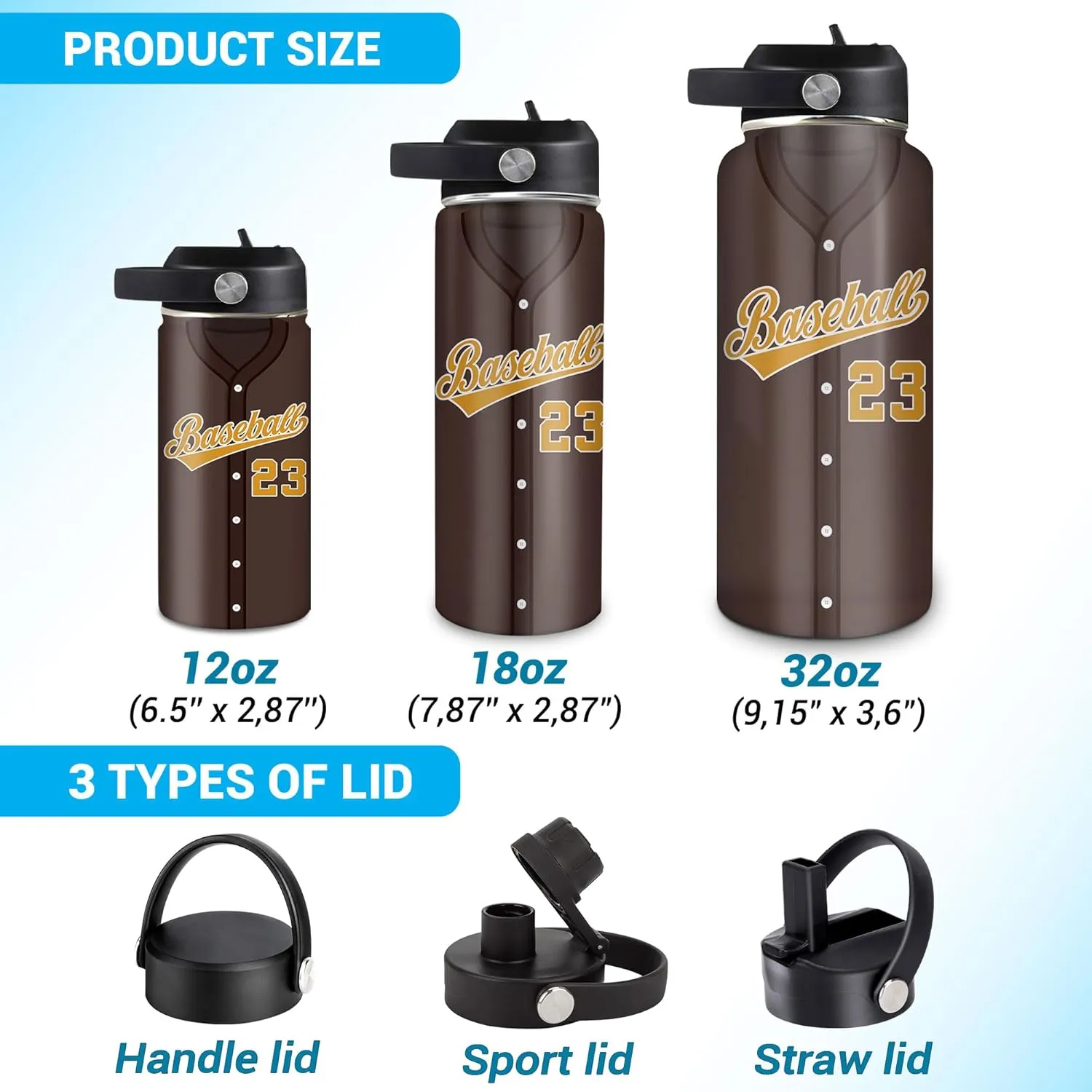 Hyturtle Personalized Baseball Water Bottle - Travel Insulated Stainless Steel Bottle with Leak-Proof Lid 18oz 32oz - Gift for Men, Boys, Baseball Lovers, Players, Coaches - Birthday & Christmas Gift