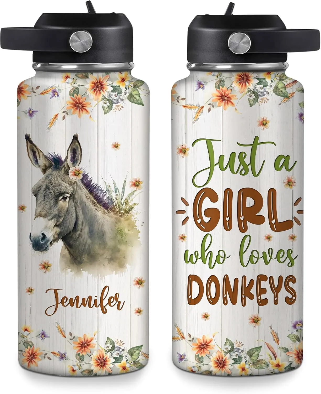 Hyturtle Personalized Donkey Water Bottle - Custom Name Insulated Stainless Steel Bottle with Leak-Proof Lid 18oz 32oz - Animal Lover Gift for Women Girls Donkey Lovers - Birthday & Christmas Gift